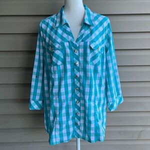 •CJ Banks• Teal Gingham Plaid Button Down Blouse - Size 2X